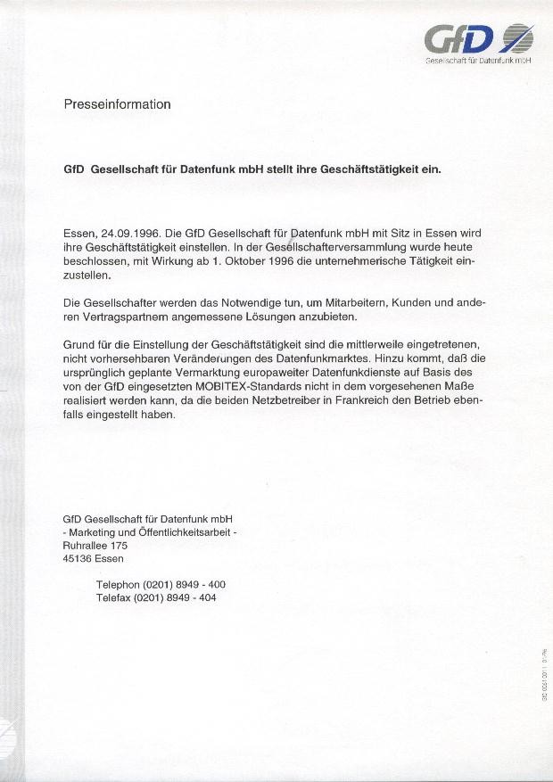 Aufgabe der Geschäftstätigkeit der GfD zum 1.10.1996